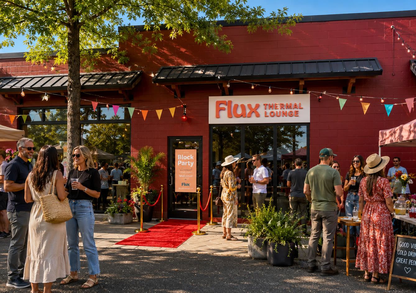 Flux Thermal Lounge storefront with red carpet entrance and crowd of guests